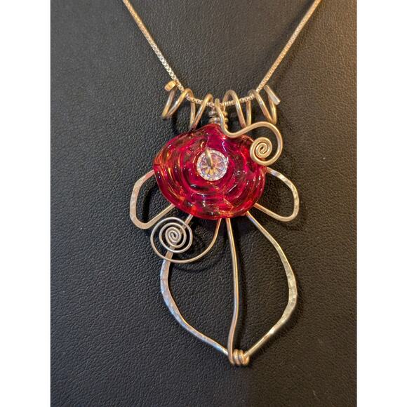 Red Glass Floral Crystal Sterling Necklace & Earring Set - Picture 2 of 5